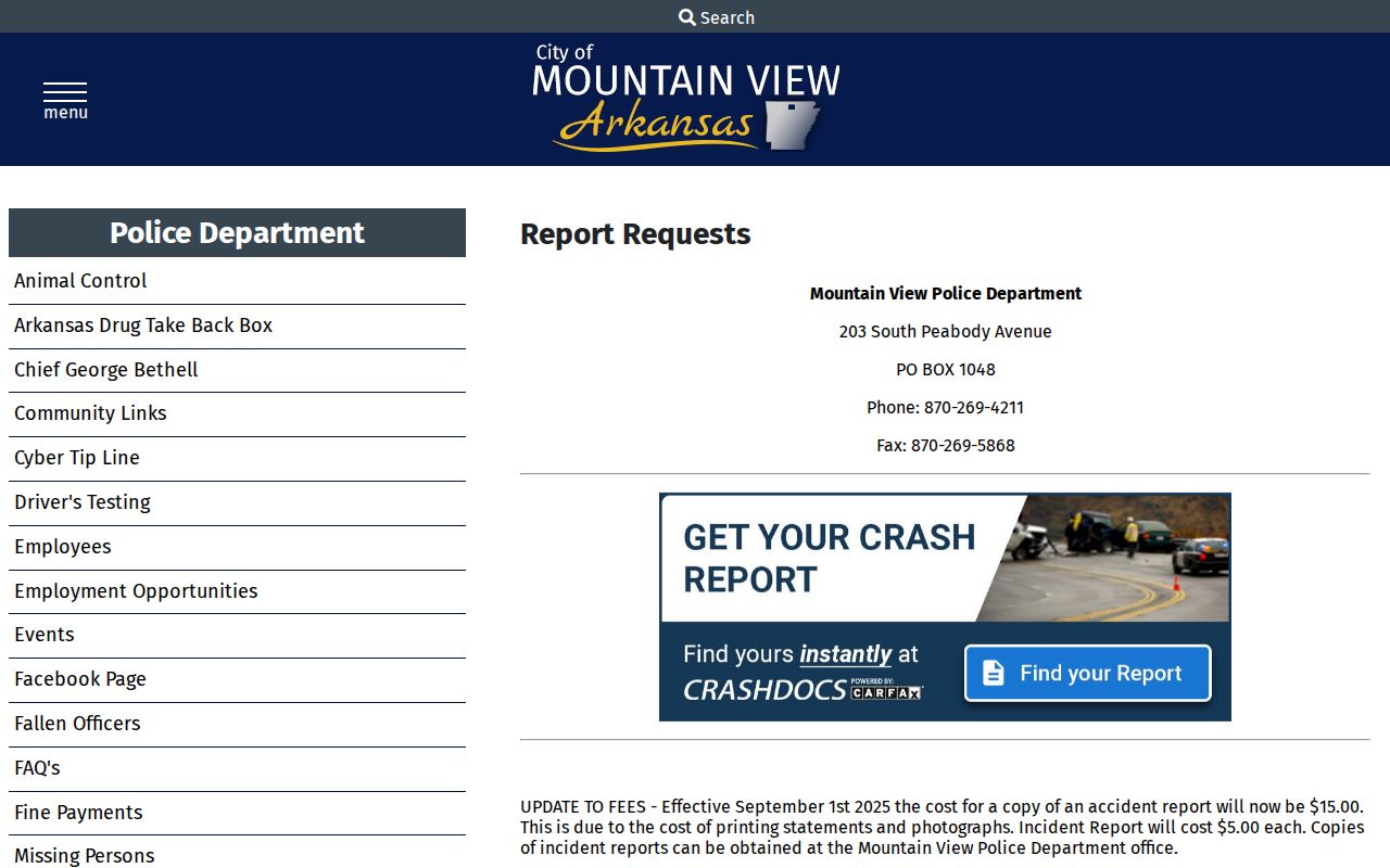 Mountain View police incident and accident report fees for Stone County arrest records
