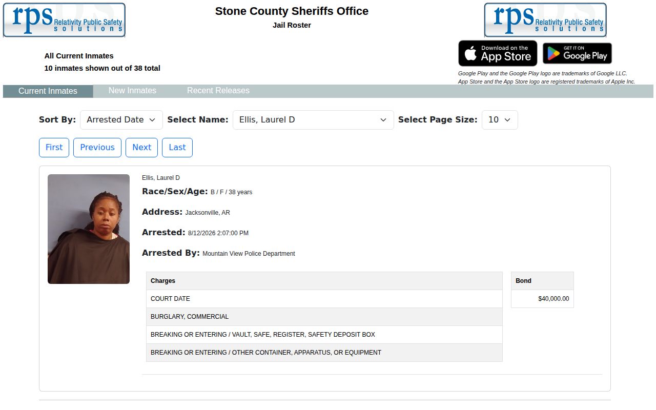 Stone County current inmate roster and booking record search interface