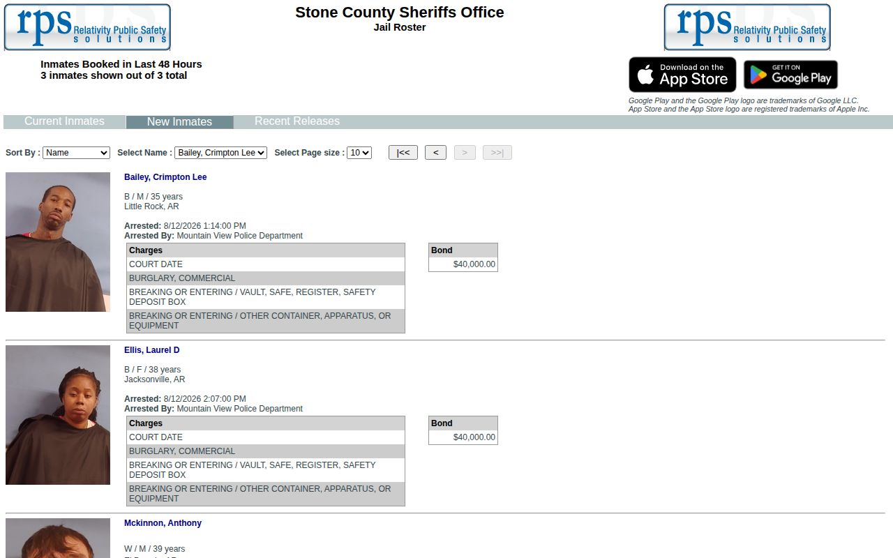 Stone County booking records for inmates booked within 48 hours