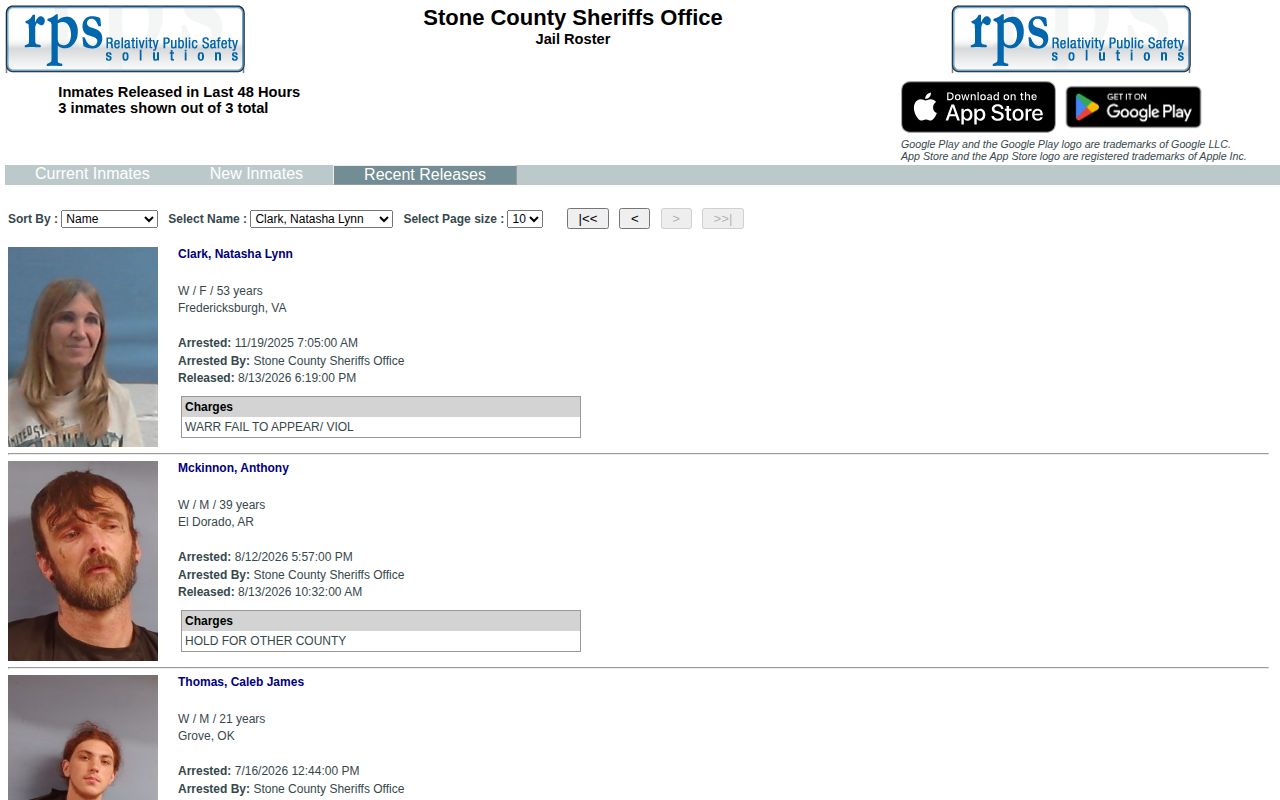 Stone County booking records for inmates released within 48 hours