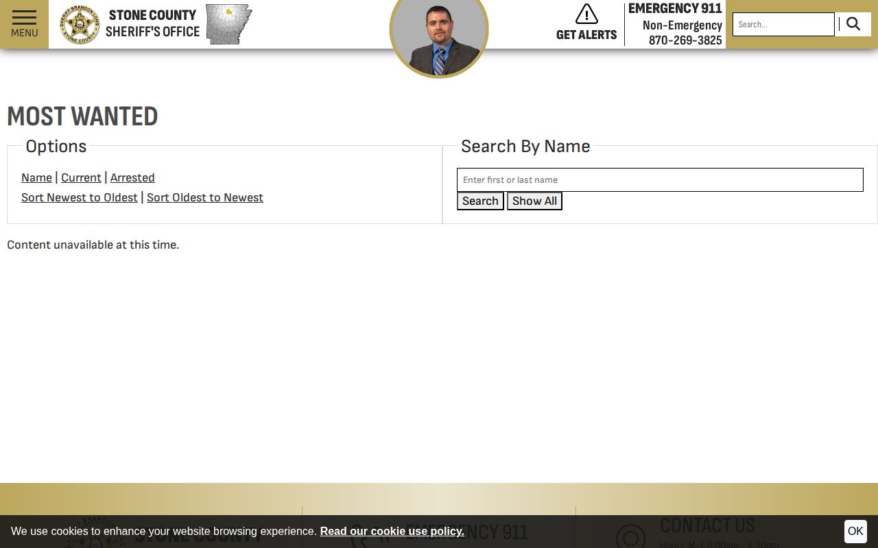Stone County Sheriff's Most Wanted record interface unavailable state