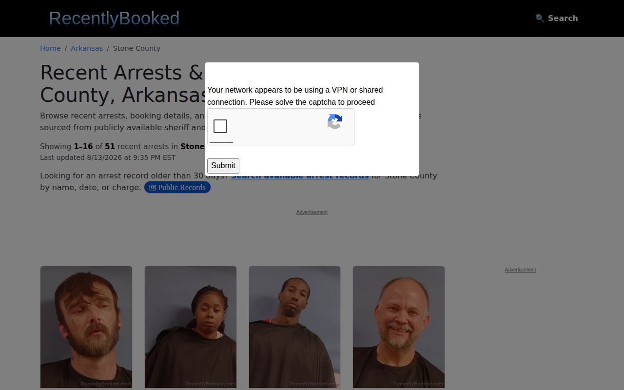 Unofficial Recently Booked Stone County arrest record interface